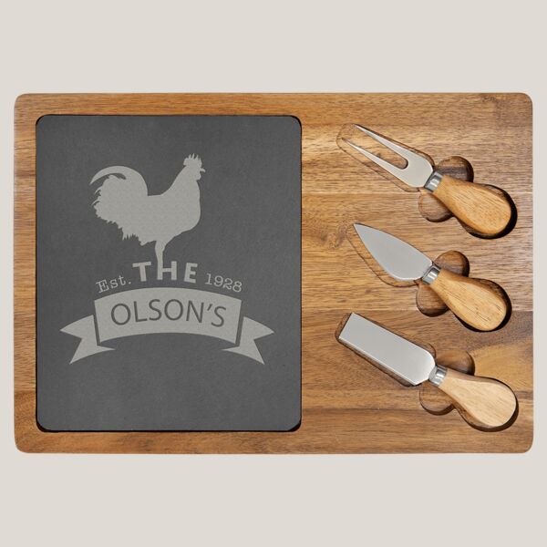 3 3/4" x 9 3/4" Acacia Wood/Slate Rectangle Cheese Set with Three Tools Thumbnail